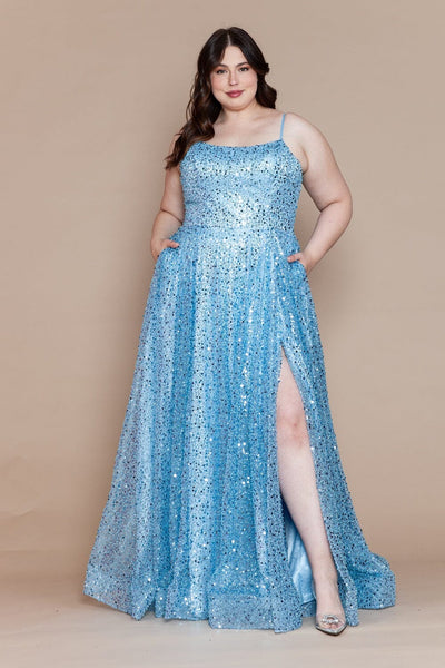 Poly USA W1142 Plus Size Sequin Sleeveless A-line Slit Gown