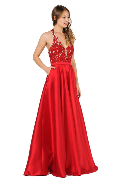 POLY USA 8316 Floral Lace Halter Prom Mikado A-line Evening Gown