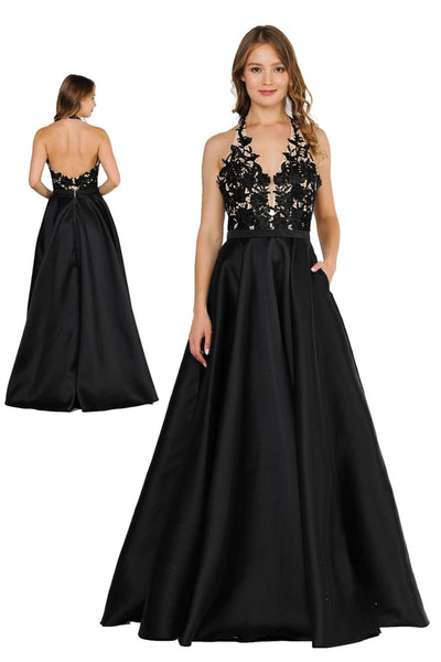 POLY USA 8316 Floral Lace Halter Prom Mikado A-line Evening Gown