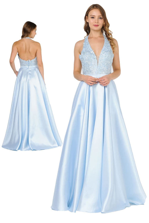 POLY USA 8316 Floral Lace Halter Prom Mikado A-line Evening Gown