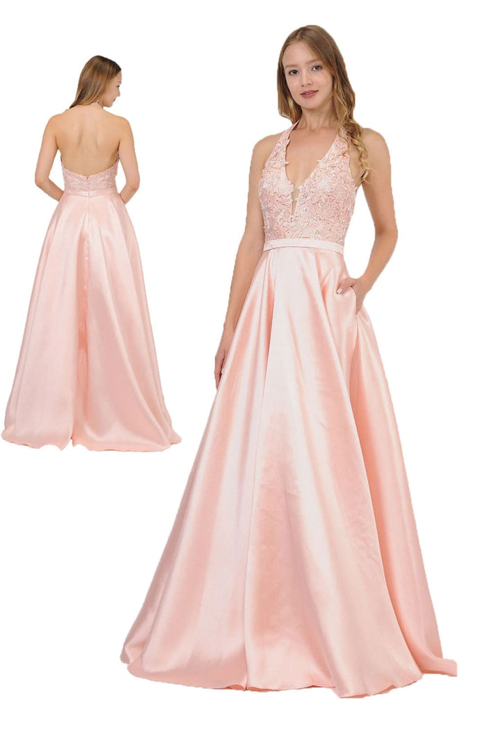 POLY USA 8316 Floral Lace Halter Prom Mikado A-line Evening Gown