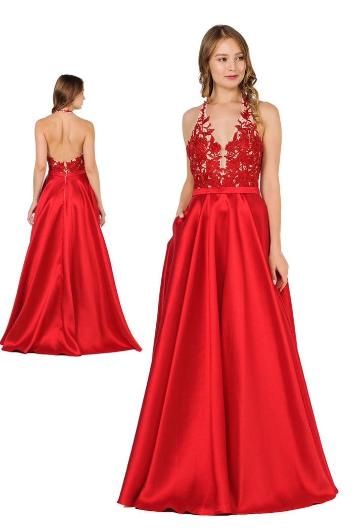 POLY USA 8316 Floral Lace Halter Prom Mikado A-line Evening Gown