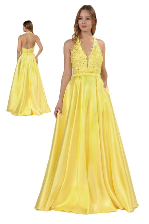 POLY USA 8316 Floral Lace Halter Prom Mikado A-line Evening Gown