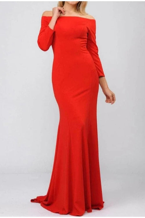 POLY USA 8378 Modest Long Sleeve Off the Shoulder Simple MOB Dress