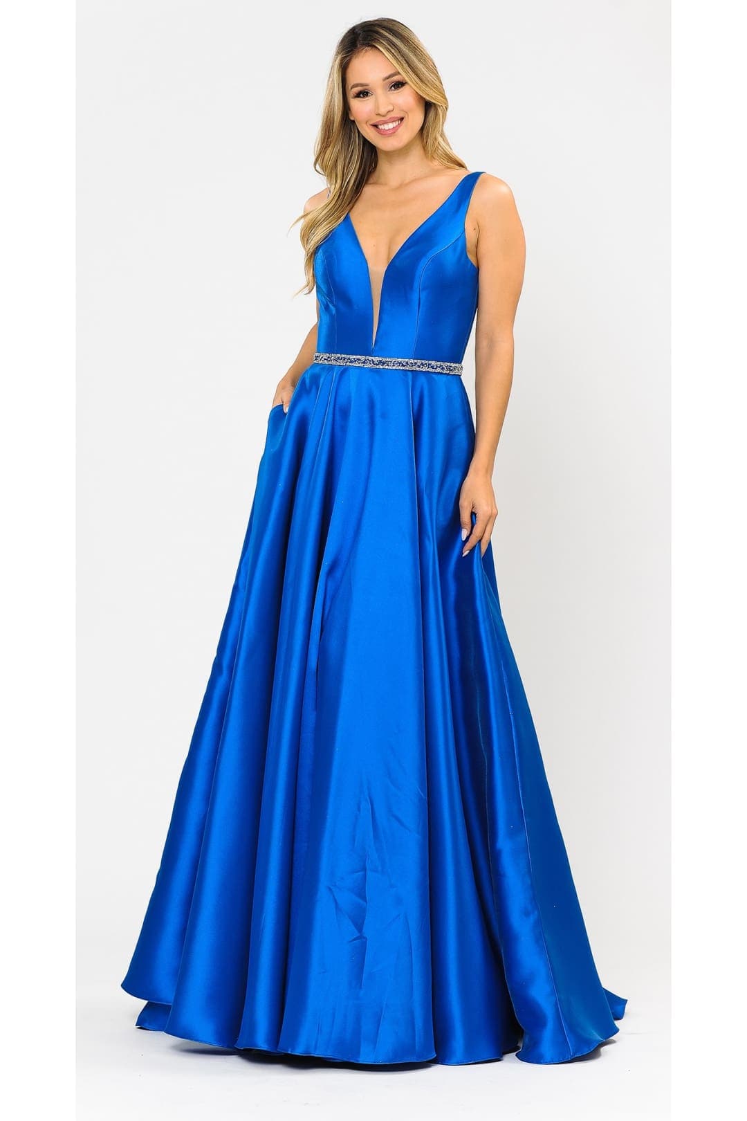Poly USA 8682 A-Line Mikado V-Neck Red Carpet Formal Long Dress