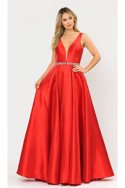 Poly USA 8682 A-Line Mikado V-Neck Red Carpet Formal Long Dress