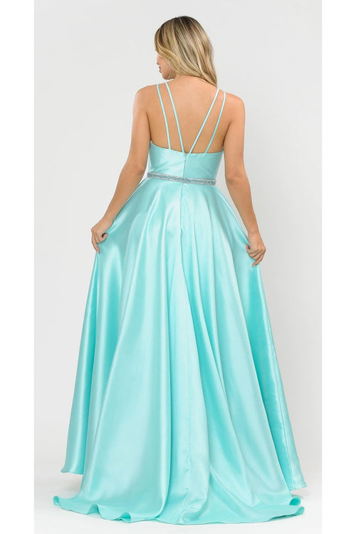 POLY USA 8690 A-Line Special Occasion V-Neck Formal Long Mikado Dress