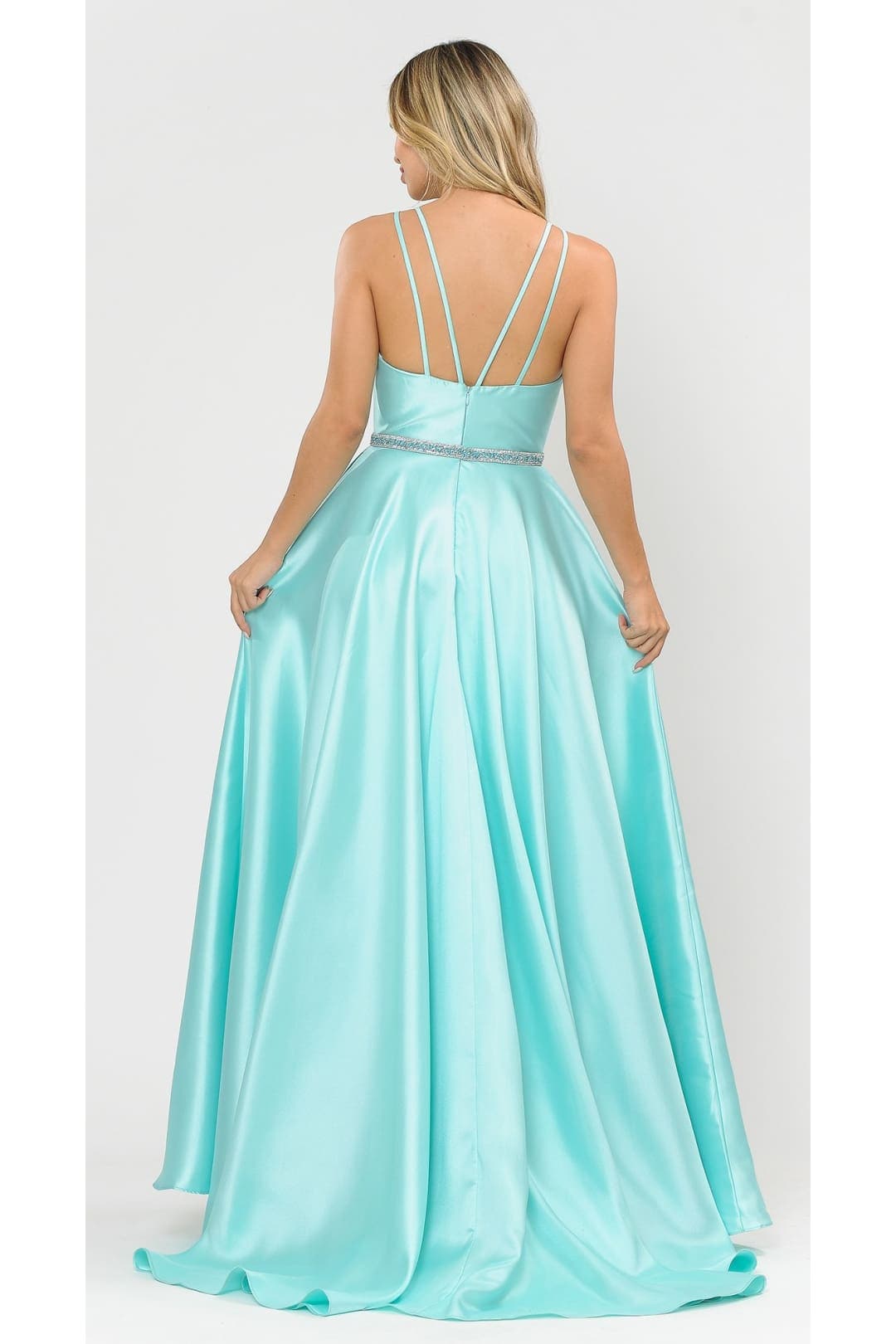 POLY USA 8690 A-Line Special Occasion V-Neck Formal Long Mikado Dress