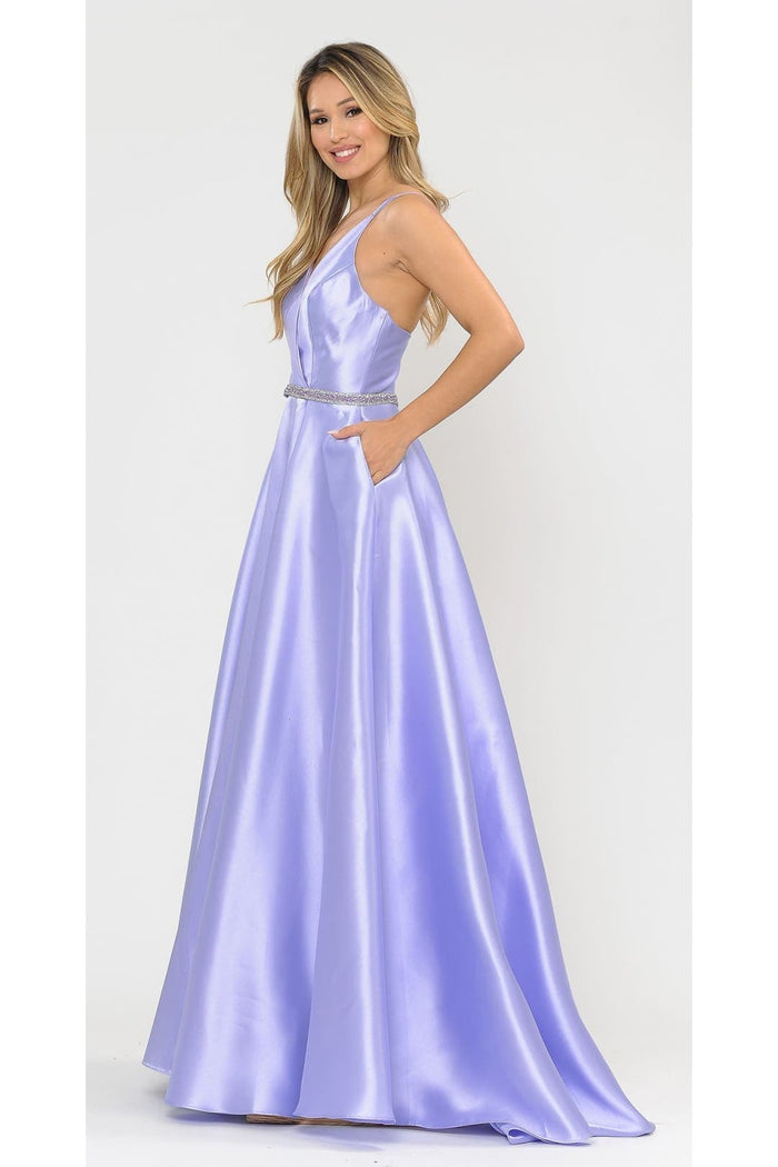 POLY USA 8690 A-Line Special Occasion V-Neck Formal Long Mikado Dress