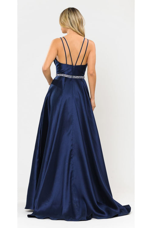 POLY USA 8690 A-Line Special Occasion V-Neck Formal Long Mikado Dress