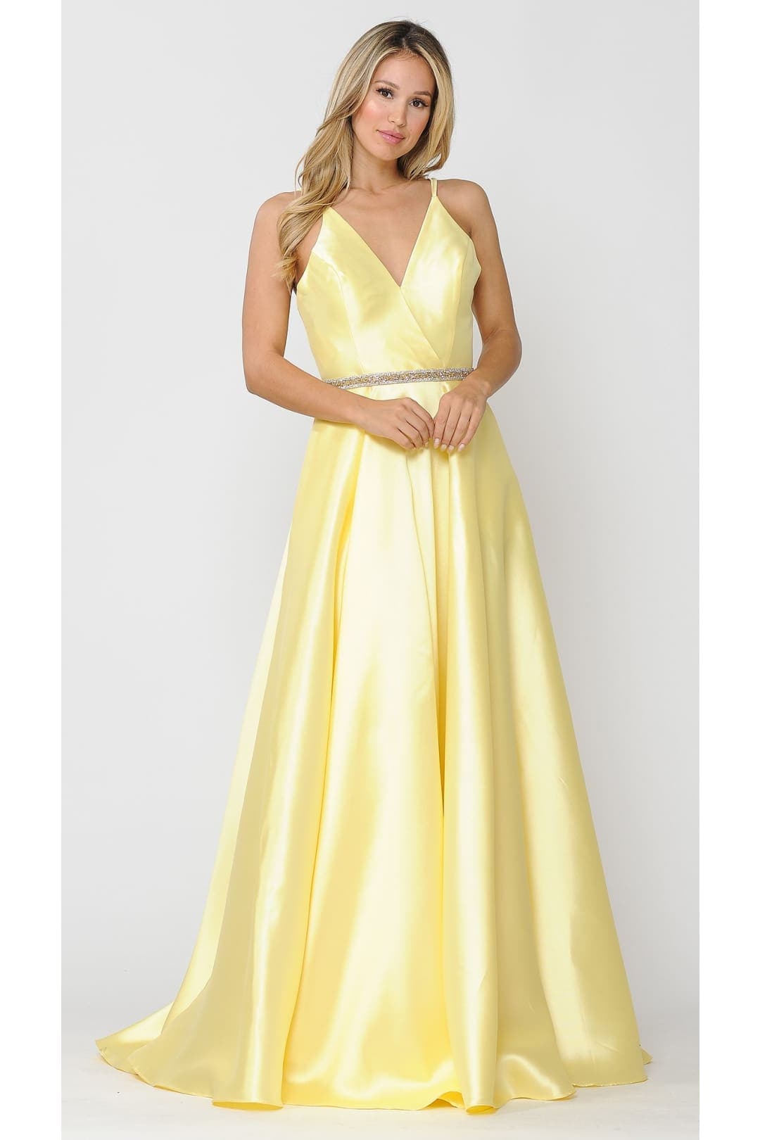 POLY USA 8690 A-Line Special Occasion V-Neck Formal Long Mikado Dress