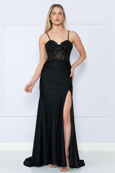 Poly USA 9138 Spaghetti Strap Corset Sheer Embroidered Prom Dress