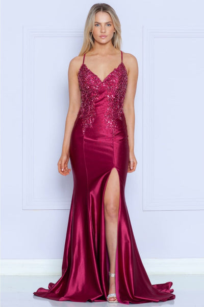 Poly USA 9142 Sleeveless Deep V-Neck Rhinestone Beaded Formal Gown