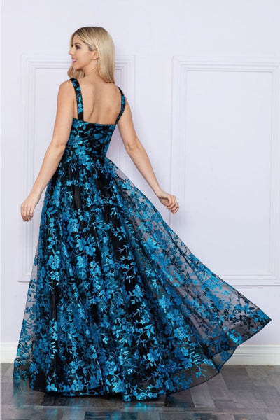 Poly USA 9298 Sleeveless Floral Glitter Print A-Line Evening Prom Gown