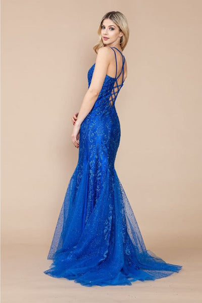 Poly USA 9306 Double Spaghetti Strap Glitter Print Mermaid Prom Gown