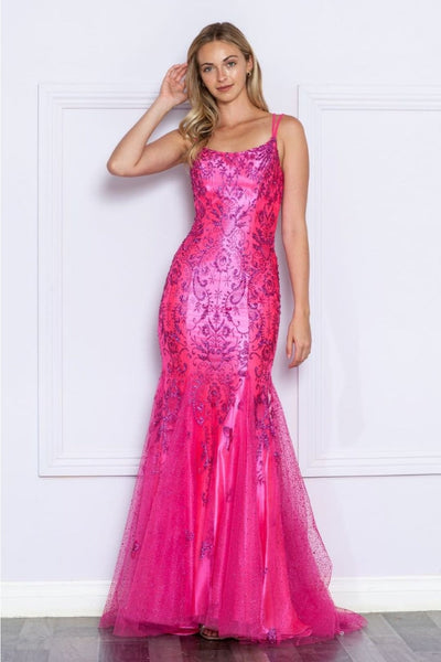 Poly USA 9306 Double Spaghetti Strap Glitter Print Mermaid Prom Gown