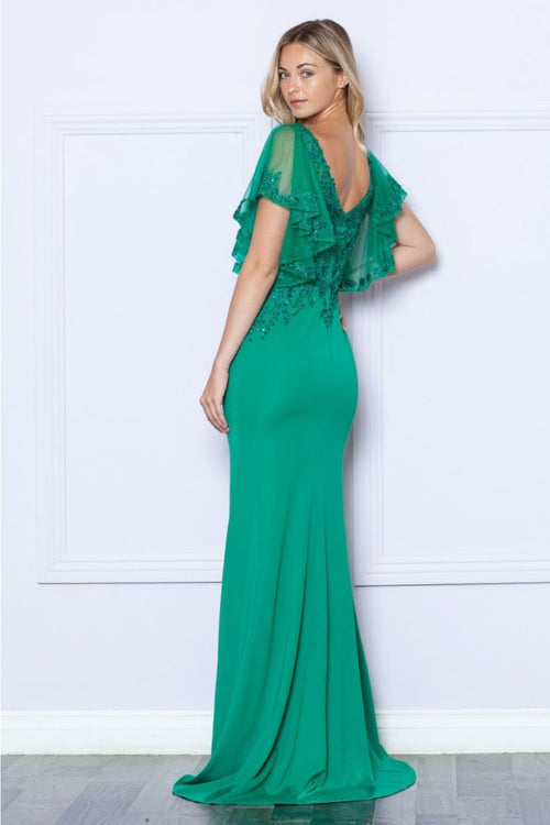 Poly USA 9318 Short Flutter Sleeve V-Neck Embroidered Evening Gown