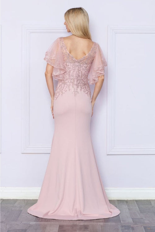 Poly USA 9318 Short Flutter Sleeve V-Neck Embroidered Evening Gown
