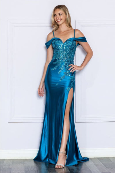 Poly USA 9350 Cold Shoulder Corset Bone Embroidered Prom Dress