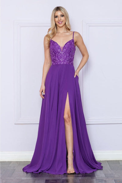 Poly USA 9368 Sleeveless Embroidered V- Neck Side Slit Formal Dress