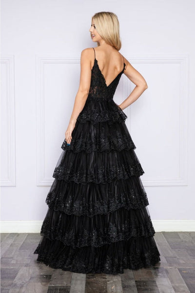 Poly USA 9402 Sleeveless Sheer Bodice Layered Embellished Evening Gown