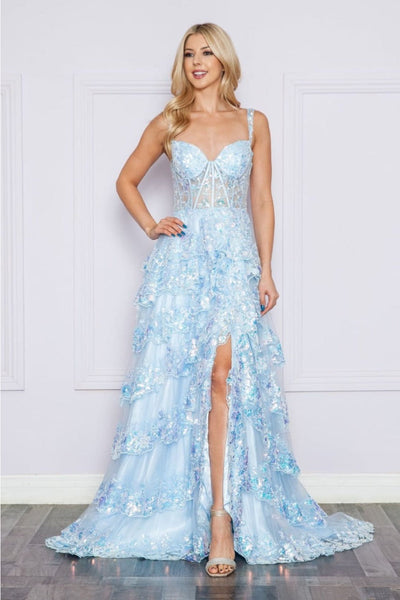 Poly USA 9410 Corset Floral Lace Embroidered Ruffle Prom Gown