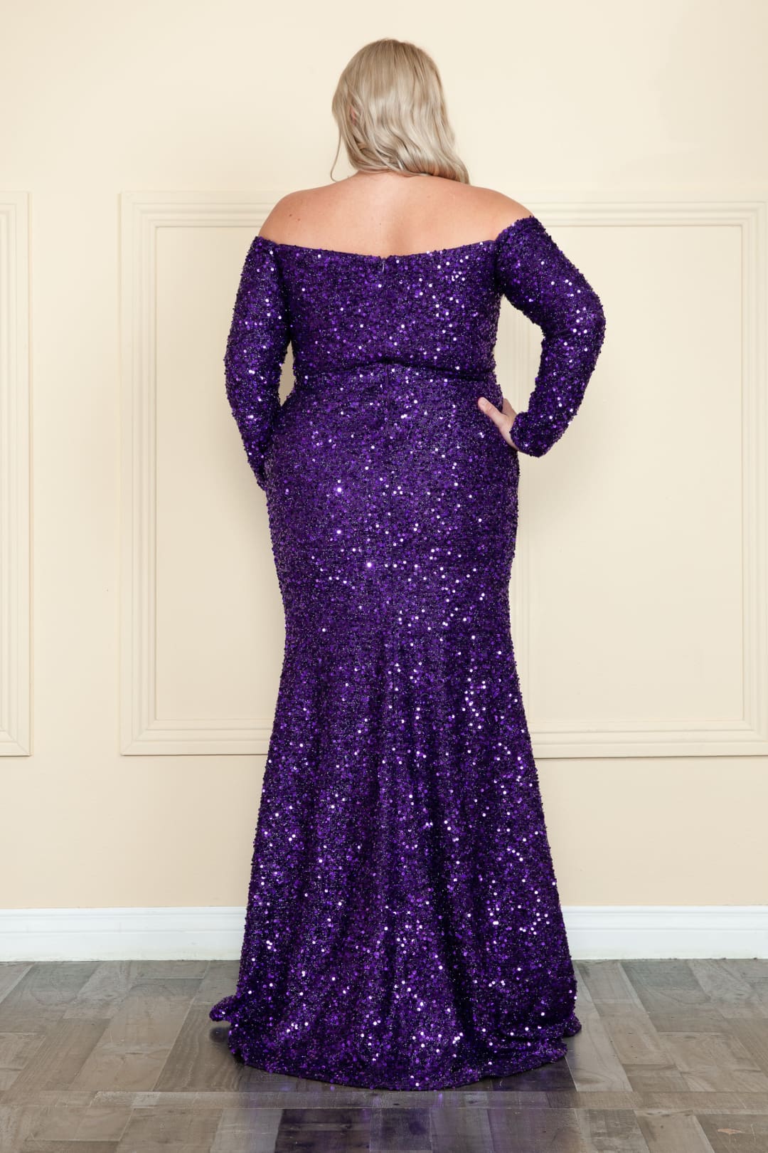 POLY USA W8876 Off Shoulder Sequins Plus Size Evening Gown
