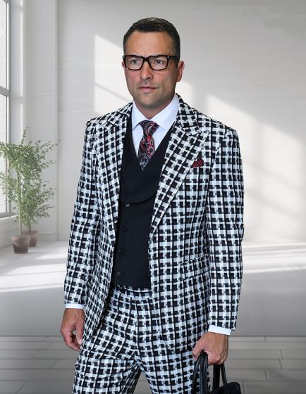 Statement Men’s 3-Piece 100% Wool Fashion Suit – Unique Checker Pattern
