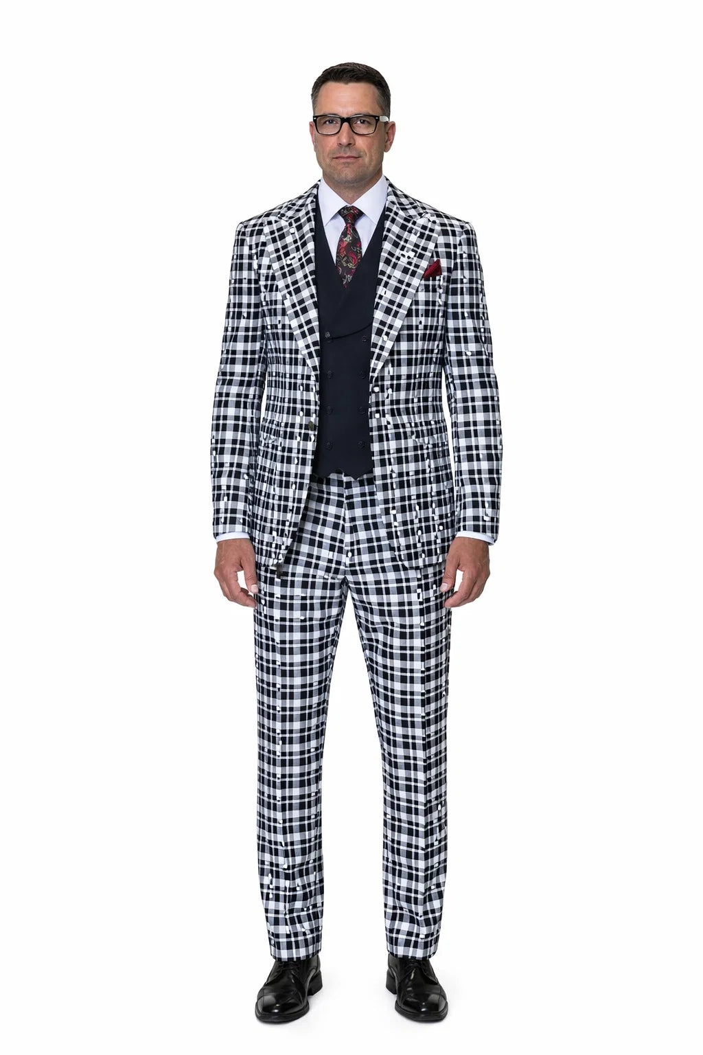 Statement Men’s 3-Piece 100% Wool Fashion Suit – Unique Checker Pattern
