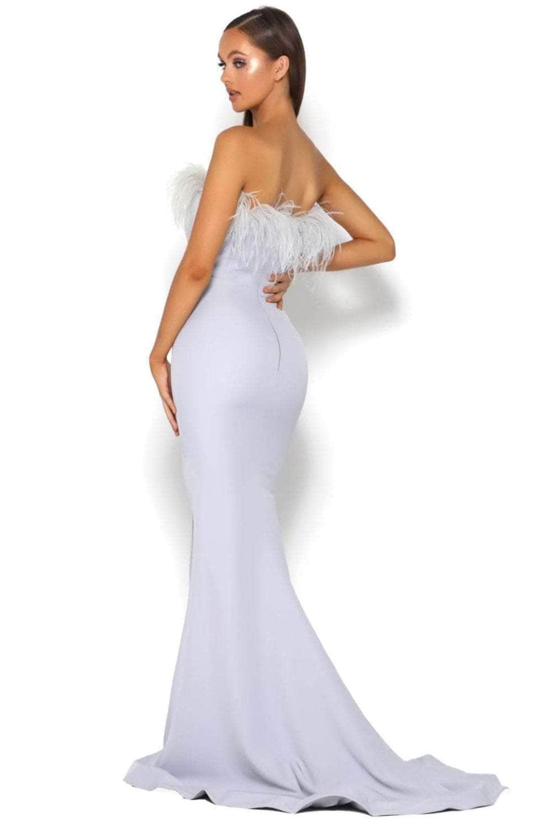 Portia and Scarlett PS2026 -long- Prom Dress with Slit and Feather Trim