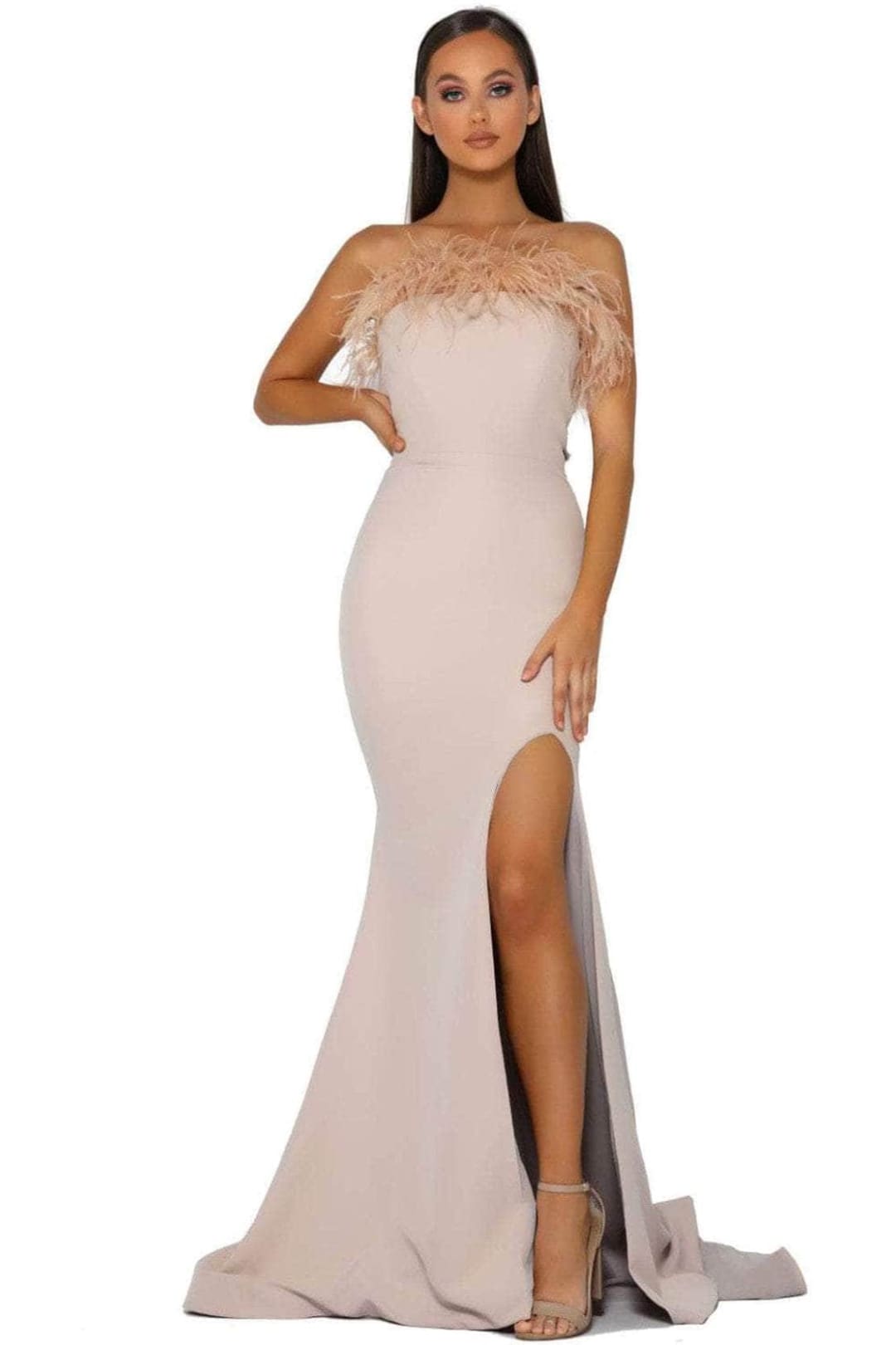 Portia and Scarlett PS2026 -long- Prom Dress with Slit and Feather Trim