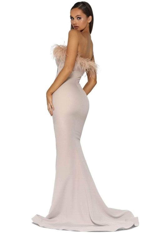 Portia and Scarlett PS2026 -long- Prom Dress with Slit and Feather Trim