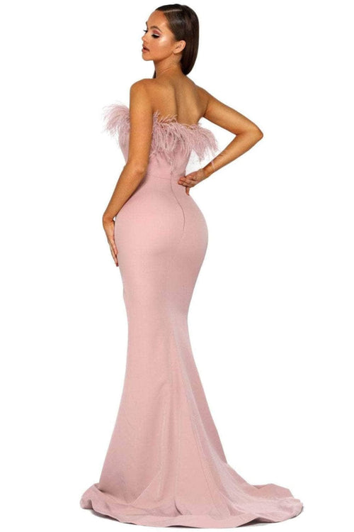 Portia and Scarlett PS2026 -long- Prom Dress with Slit and Feather Trim