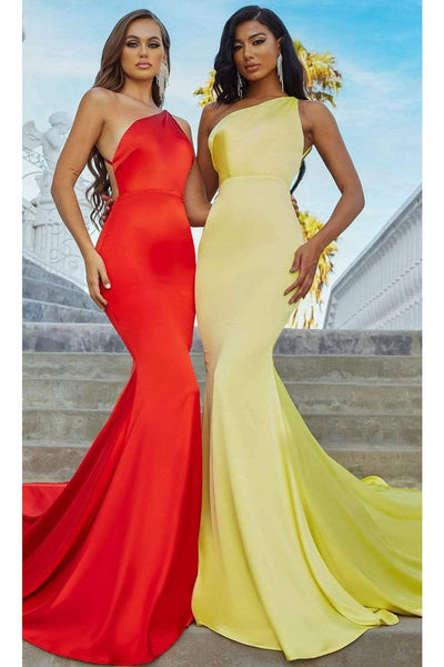 Portia and Scarlett PS22358 -long- Asymmetric Neck Trumpet Gown with Train for a Striking Entrance