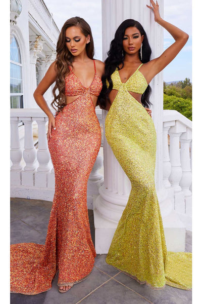 Portia and Scarlett PS22442C -long- Spaghetti Strap Cutout Sequin Gown for a Chic Look