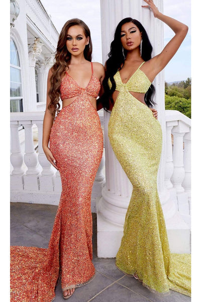 Portia and Scarlett PS22442C -long- Spaghetti Strap Cutout Sequin Gown for a Chic Look