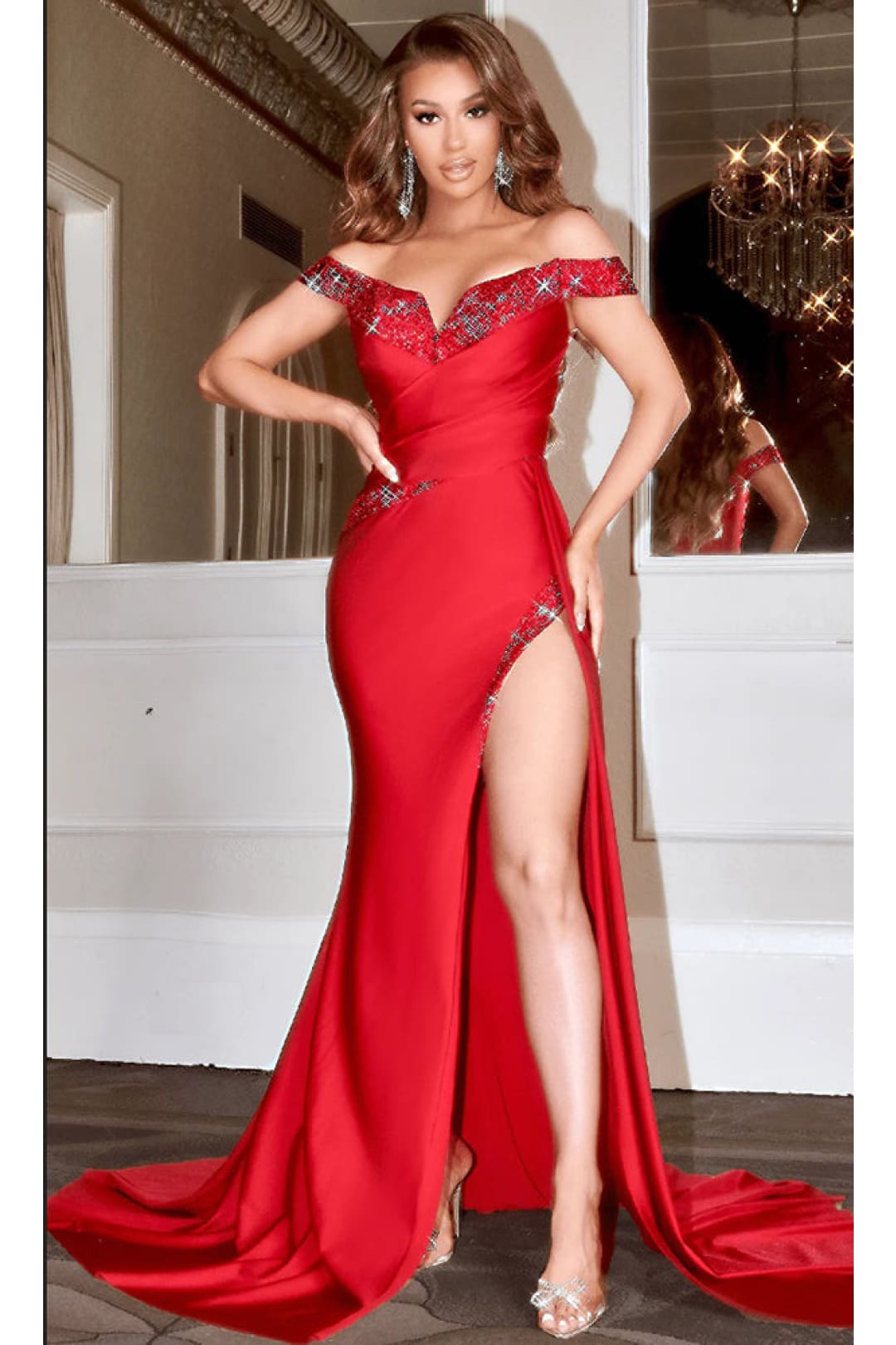 Portia and Scarlett PS22570 Off Shoulder Slit Red Prom Formal Dress