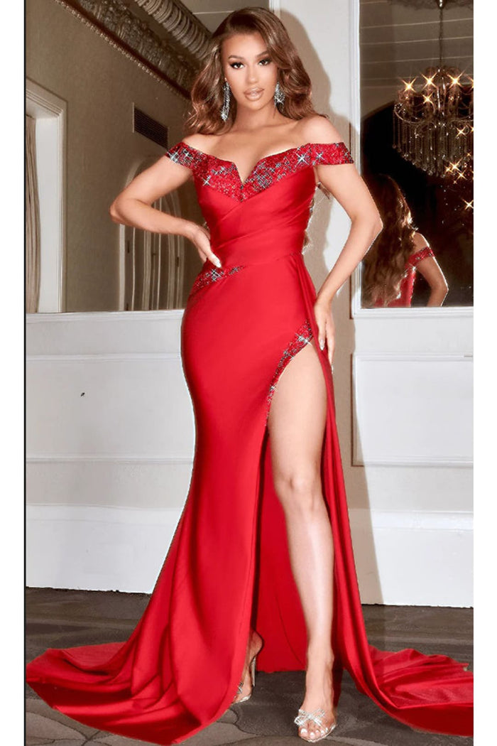 Portia and Scarlett PS22570 Off Shoulder Slit Red Prom Formal Dress