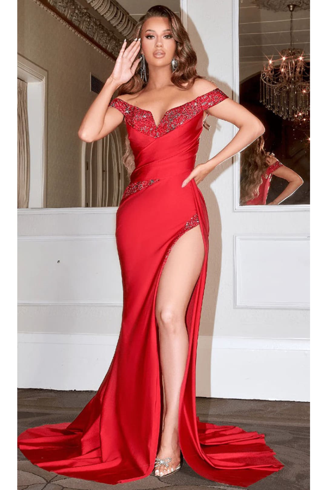 Portia and Scarlett PS22570 Off Shoulder Slit Red Prom Formal Dress