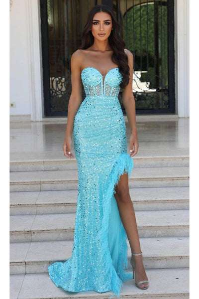 Portia and Scarlett PS23029 -long- Corset Evening Gown with Feather Slit
