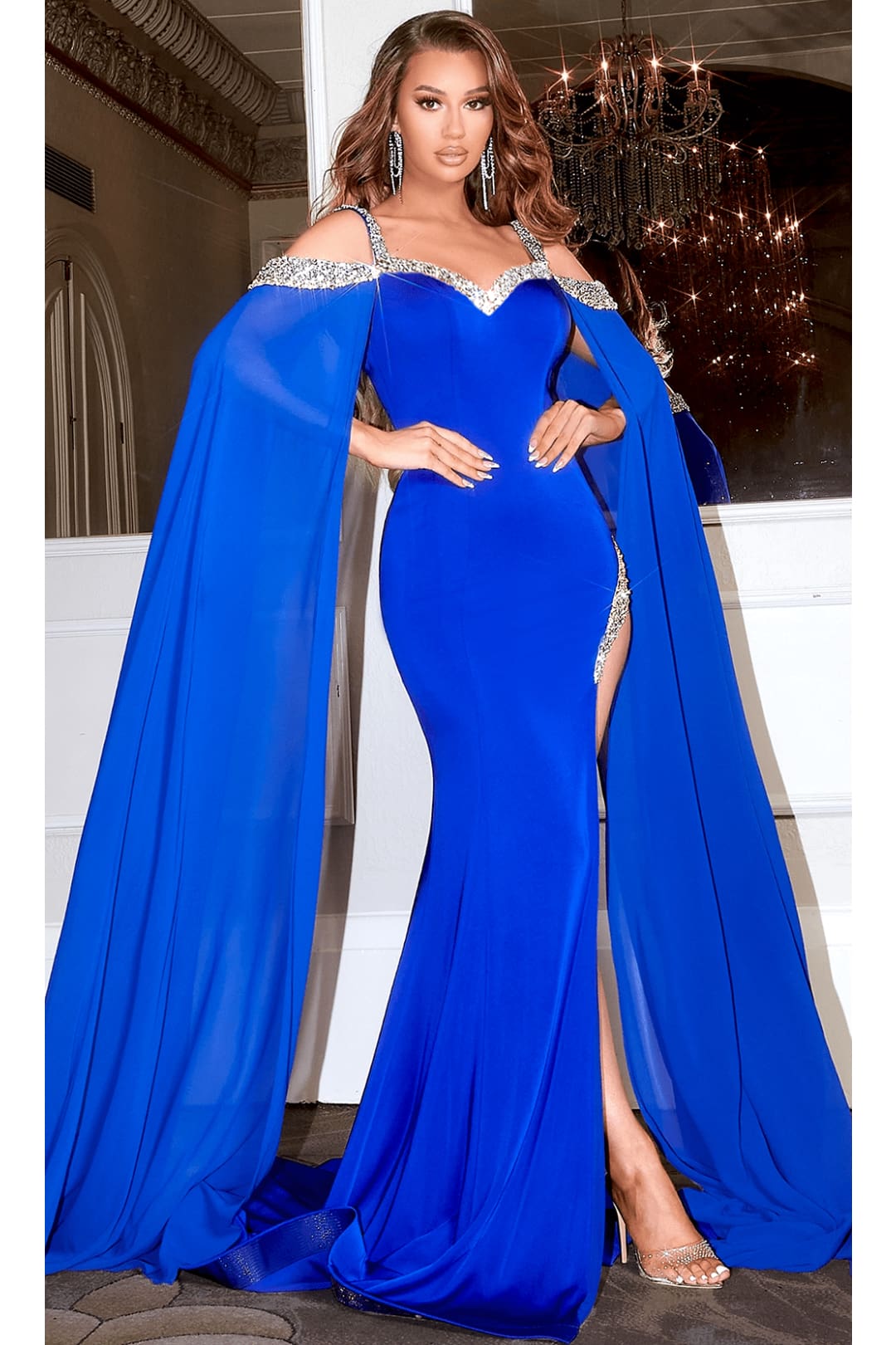 Portia and Scarlett PS23160 -long- Jeweled Cascade Prom Dress for a Dazzling Effect