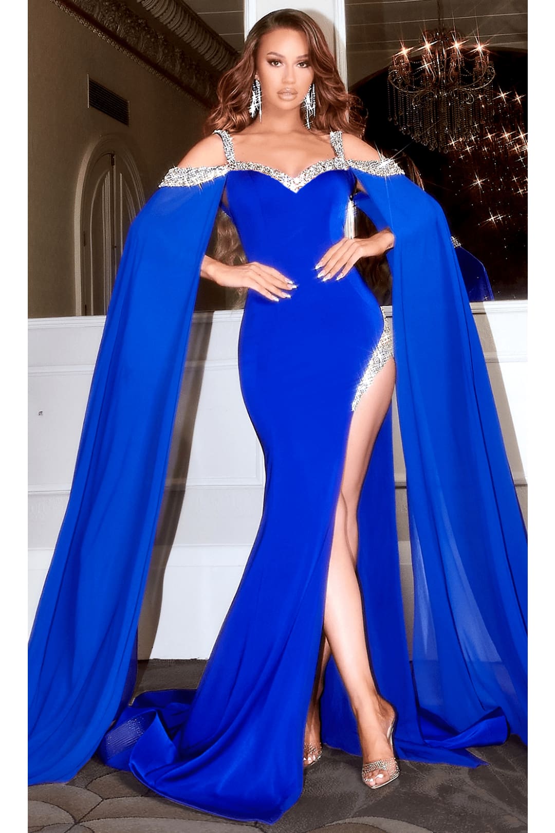 Portia and Scarlett PS23160 -long- Jeweled Cascade Prom Dress for a Dazzling Effect