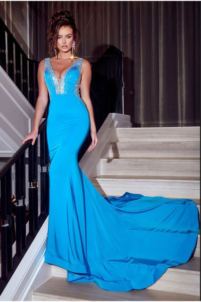 Portia and Scarlett PS23291 V-neck Mermaid Long Blue Pageant Prom Gown