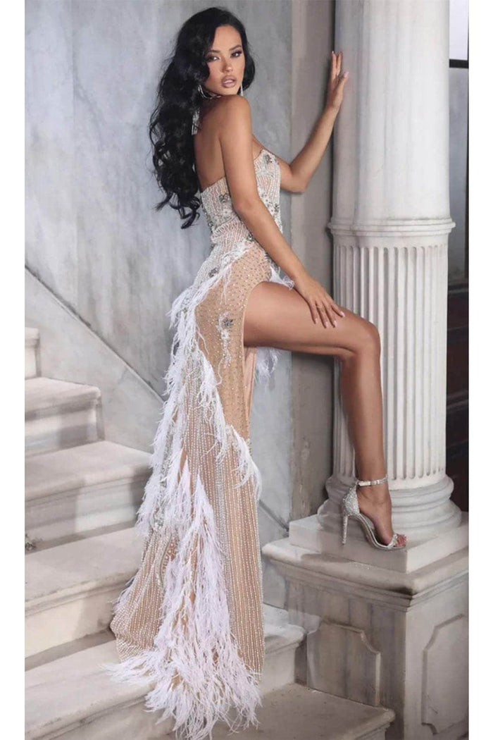 Portia and Scarlett PS23748C -long- Strapless Feathered Sheath Prom Dress