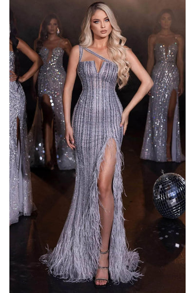 Portia and Scarlett PS23965 -long- Stripe-Beaded Asymmetrical Gown with Feathers