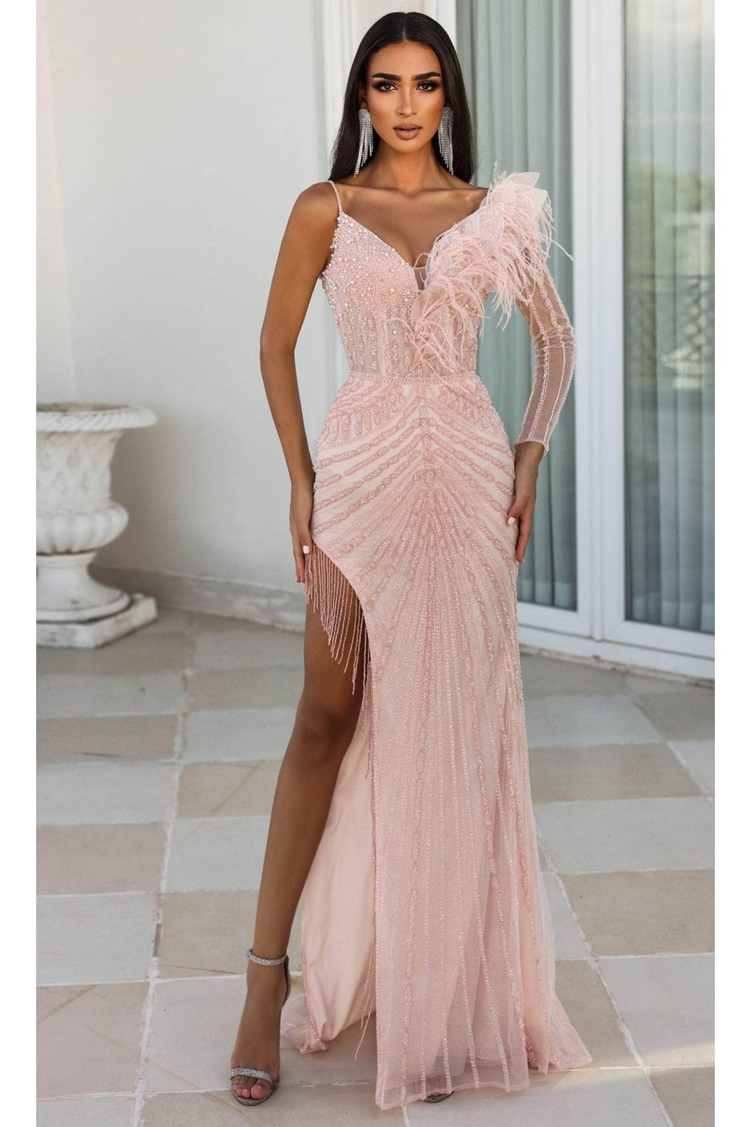 Portia and Scarlett PS23989 Coral Sexy Asymmetric Fringe Evening Dress