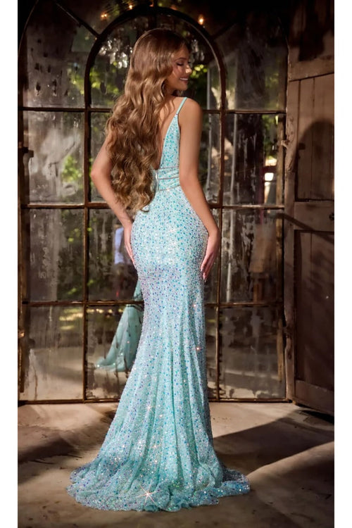 Portia and Scarlett PS24041 Plunging Neck Sequin Mermaid long Dress