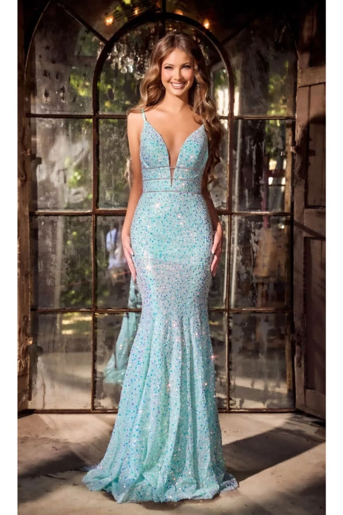 Portia and Scarlett PS24041 Plunging Neck Sequin Mermaid long Dress