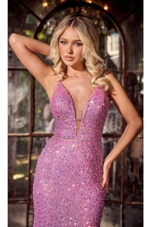 Portia and Scarlett PS24041 Plunging Neck Sequin Mermaid long Dress