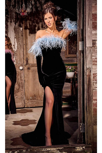 Portia and Scarlett PS24049 -long- Velvet Prom Dress with Feathers